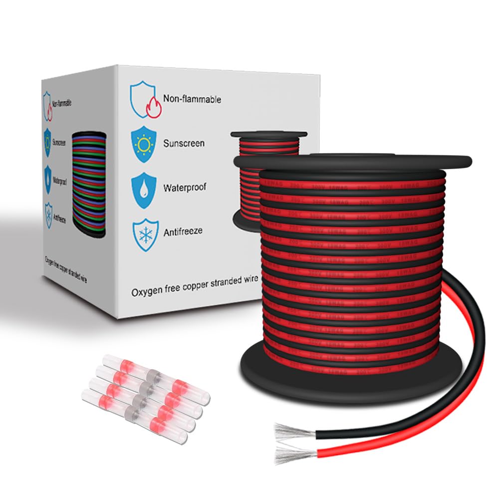 LEADTOPS Silicone Electrical Wire 18 AWG Red/Black 10M/Colour 2x0.82mm² 2 Cord 18/2 Flexible Hook up Stranded Tinned Copper Cable Wire