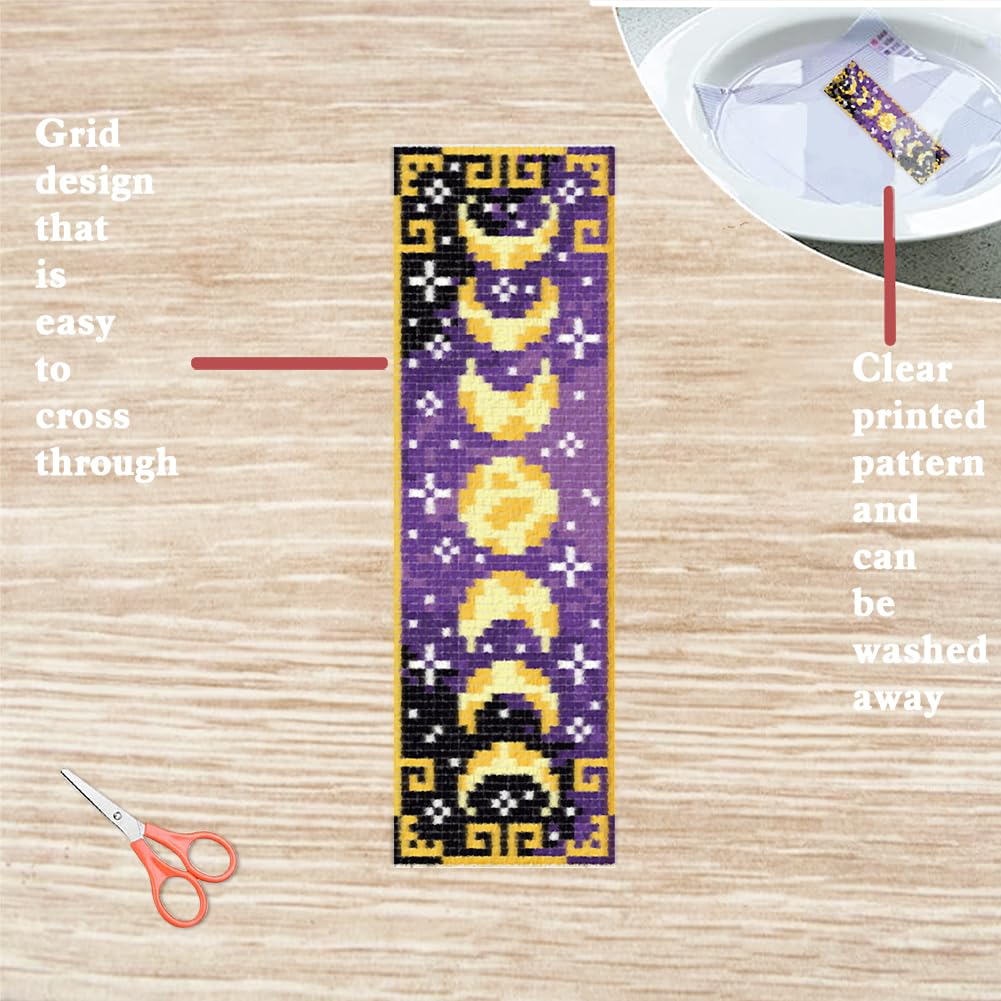 FREEBLOSS 6 Set Cross Stitch Bookmark Kits for Beginner Butterfly Moon Phases Stamped Cross Stitch Kit DIY Embroidery Bookmark Kit with Instructions 8" x 2.4" - Image 3