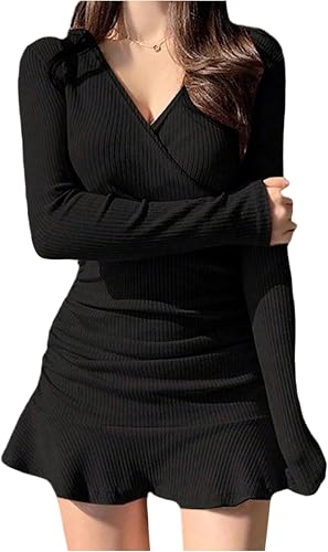 Verdusa Women's Wrap V Neck Mini Dress Ruffle Ruched Slimming Dresses Spring Fal