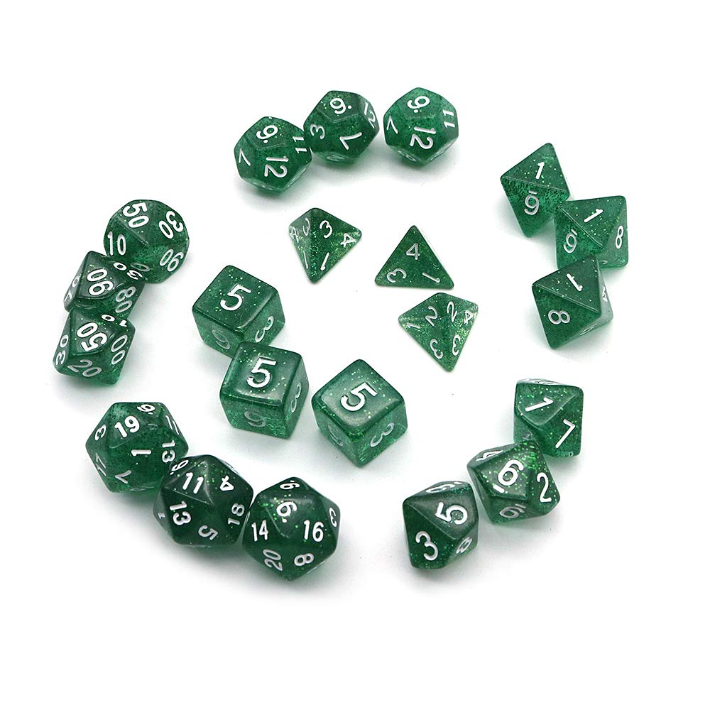 DollaTek Glitter Point Polyhedral Dice Set Gry sto?owe ko?ci 3 zestawy ko?ci 3 x 7 (21 sztuk) Die Series D20 D12 D10 D8 D6 D4 DND DND RPG MTG Double Colors One Piece (zielony)