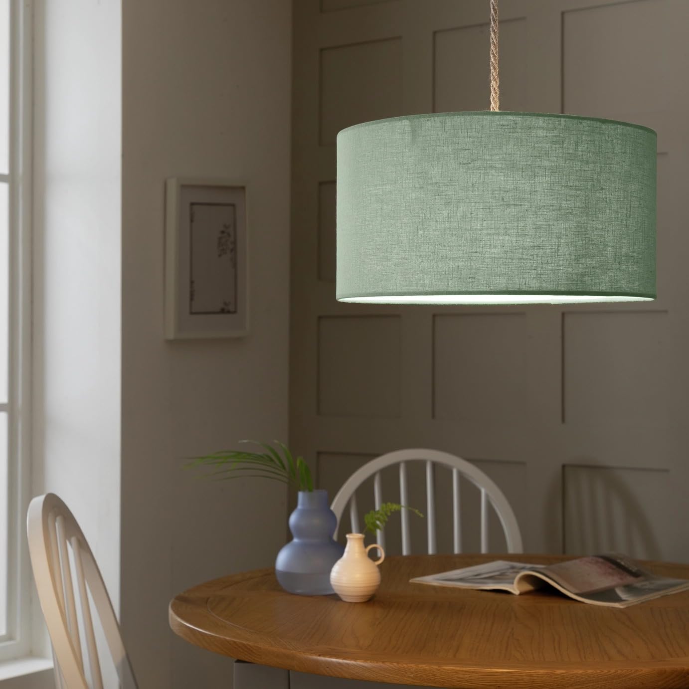 Drum Pendant Lampshade, 35 cm, Sage Green Linen Effect, Easy Fit