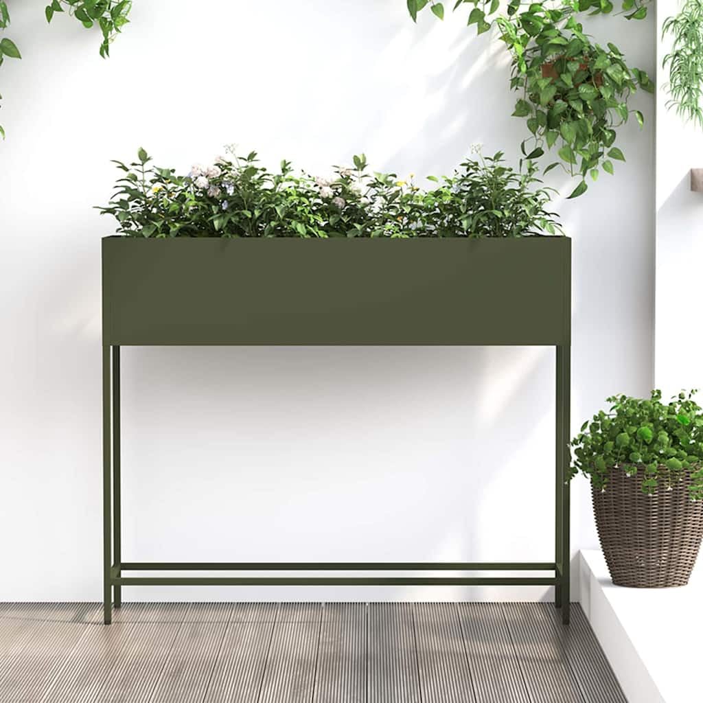 Podwyższona grządka ogrodowa, oliwkowa zieleń, 100 x 26 x 82 cm, wytrzymała metalowa donica na rośliny do warzyw i kwiatów, podwyższone doniczki z ocynkowanej stali