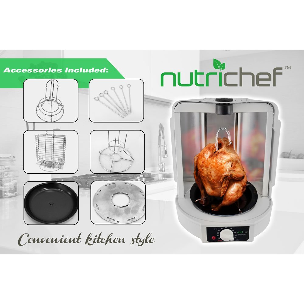 NutriChef Piekarnik Rotisserie Stołowy Elektryczny, Maszyna Shawarma, Kebab Z Obracającym Się Widelcem, Stojakiem Na Kurczaka, Rusztem, Koszem I Tacką Zbierającą Tłuszcz, 700W, Biały