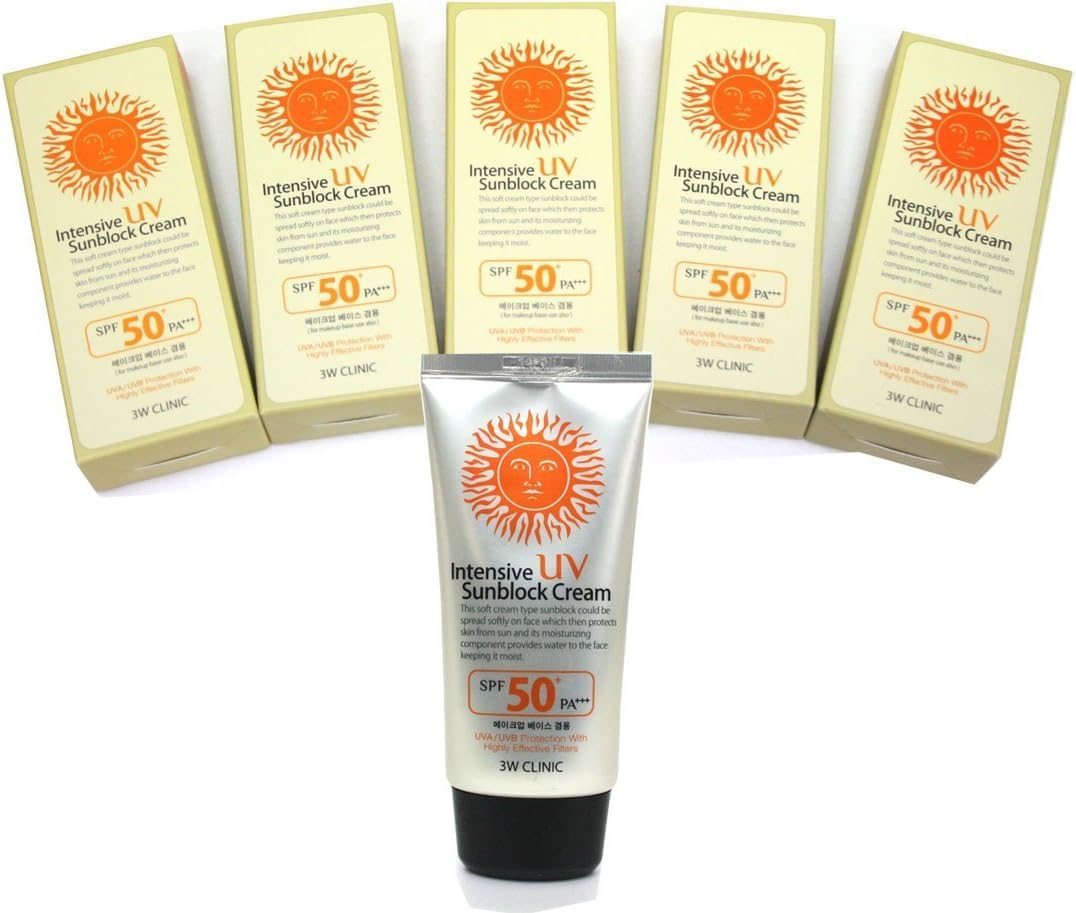 3W CLINIC Intensive UV Sunblock Cream, SPF50 PA, 2.37 fl oz, Pack of 5/Korea-Beauty/Korea Made
