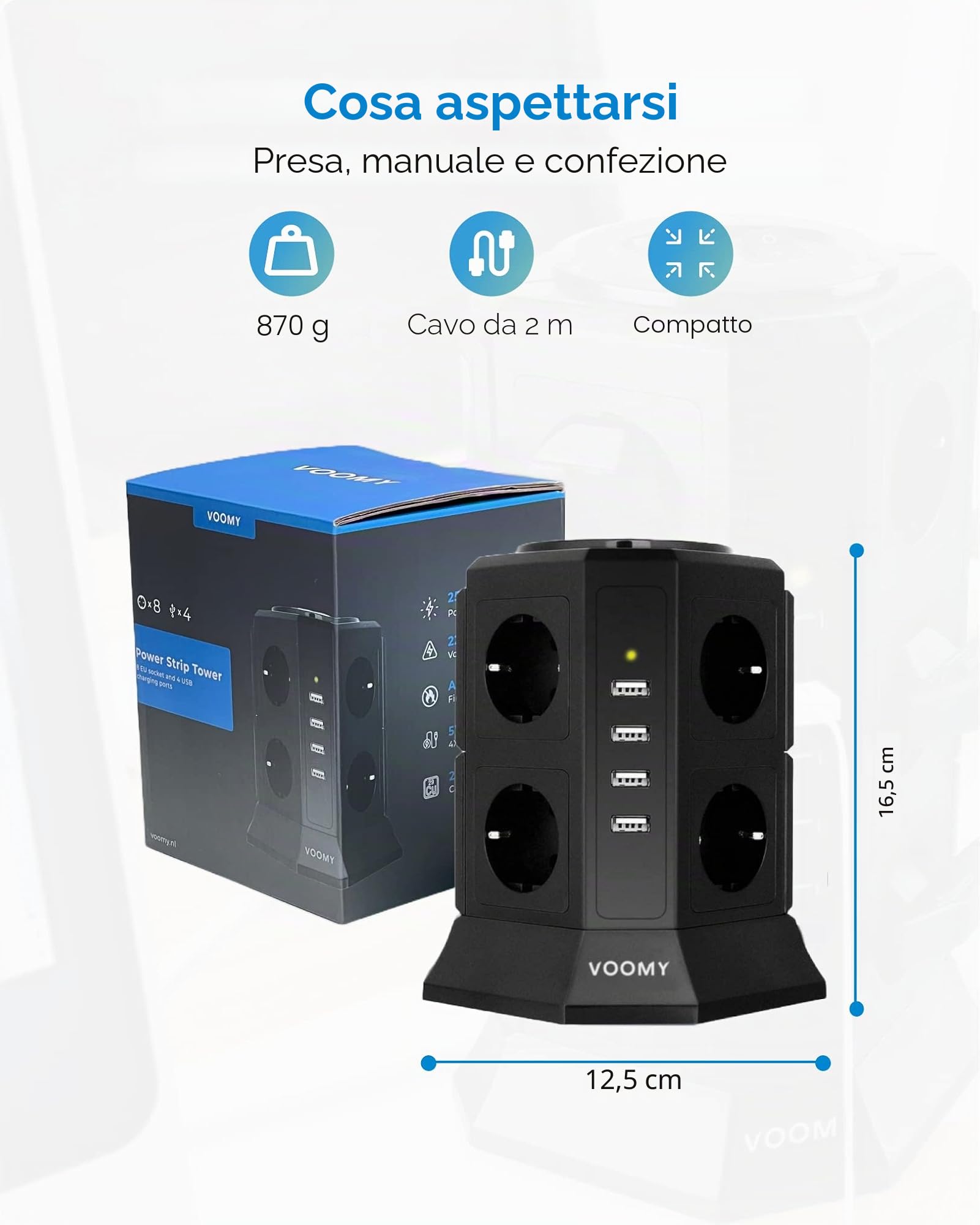 VOOMY 12-in-1 Multipresa Verticale, Ciabatta Multipresa con USB, Multipresa Elettrica con 8 Prese e 4 USB, Ciabatta con Fusibile di Protezione, 2 Interruttori Indipendenti e Cavo 2M, Nero