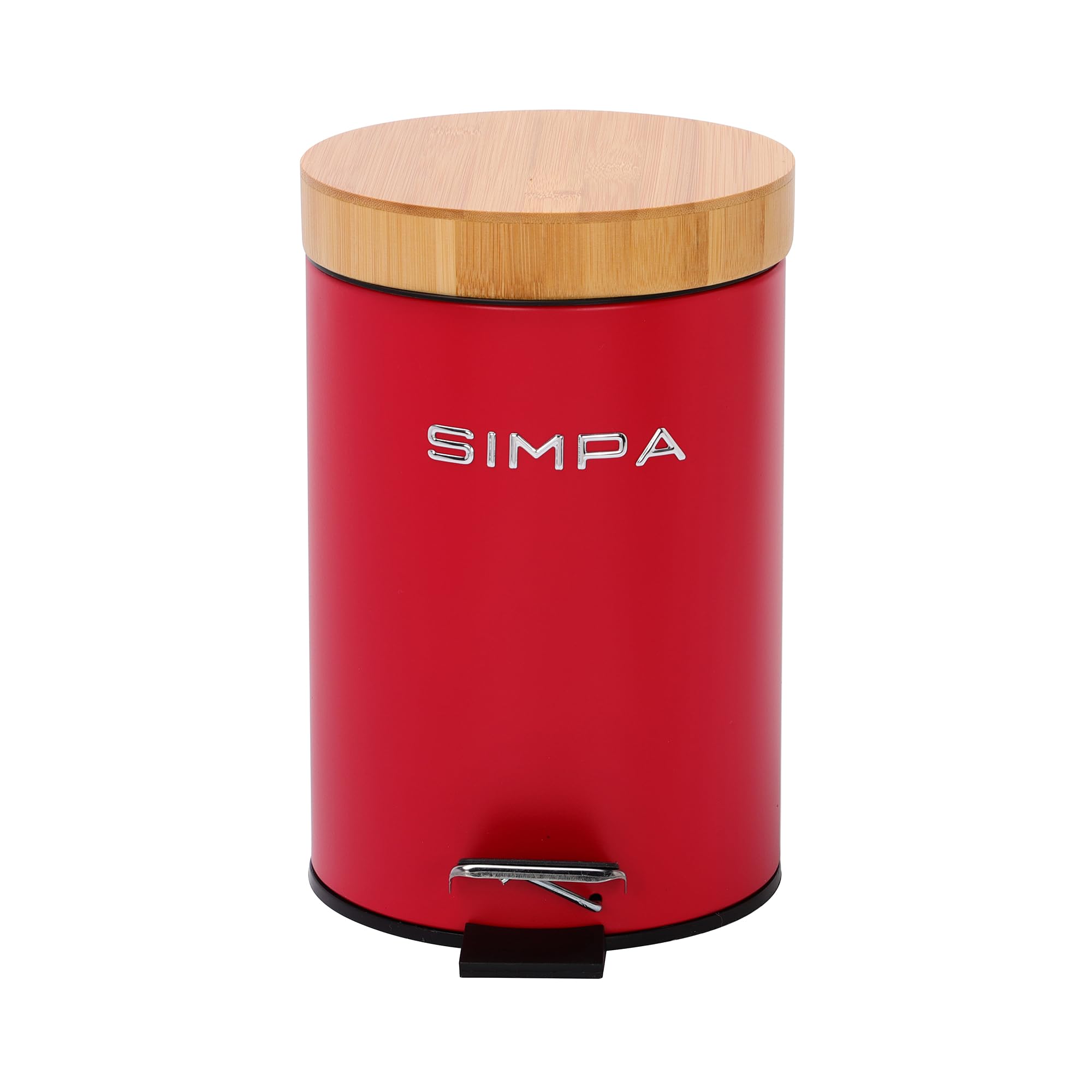 simpa 3L 3 Litre Matt Red Slim Soft-Closing Pedal Dustbin with Bamboo Lid