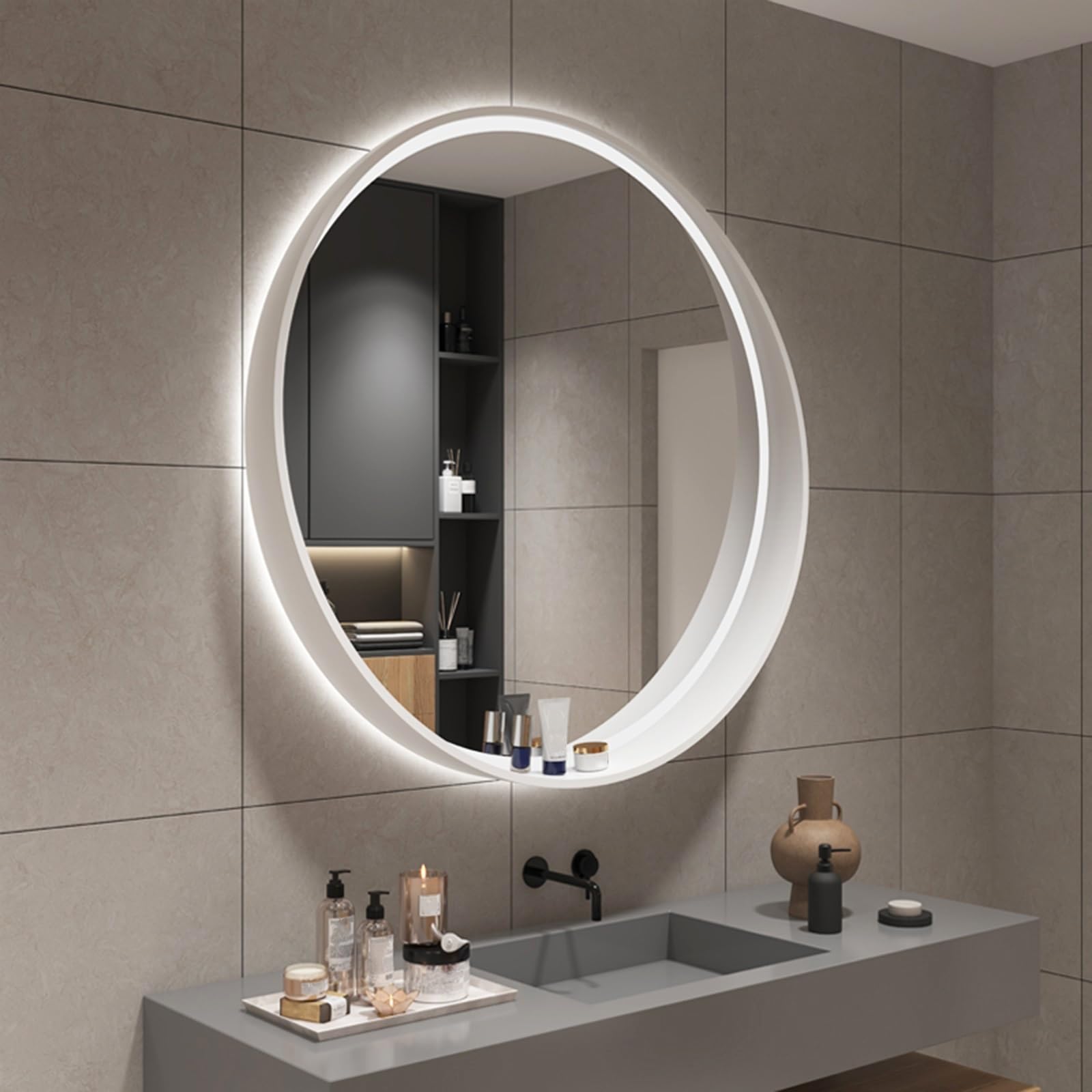 SXFSDOU Lighted Round Bathroom Mirror with Anti-Fog, Illuminated Makeup Touch Sensor and Shelf, Dimmable 3-Color LED