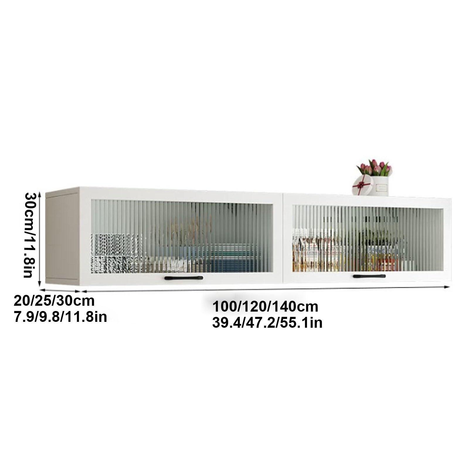 Armario de cocina de pared con puerta abatible, armario de pared pequeño de madera maciza con puerta de vidrio y estante inferior para almacenamiento de especias (140 x 20 x 30 cm)