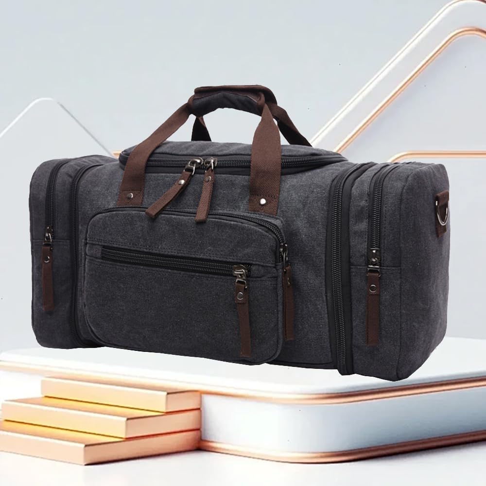 Reisetasche aus Canvas, große Sporttasche, mehrere Fächer, Tragetasche, Moderne Schultertasche aus Leder und Canvas, ideal für Wochenendtrips und Camping (Schwarz)