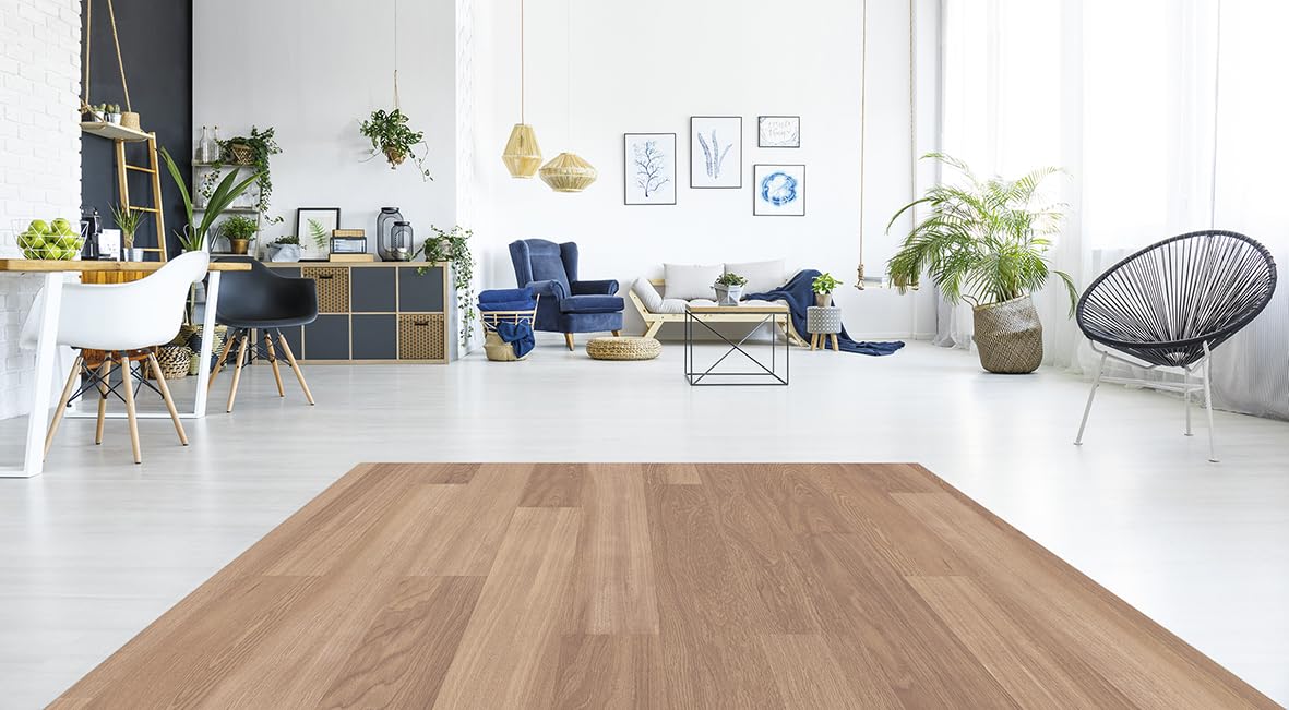 DobleUve Estudio Vinyl Teppich Holzoptik | Beige | 65x110 cm | Waschbarer Rutschfester Küchenläufer | Kinder | Wohnzimmer | Vinylboden PVC