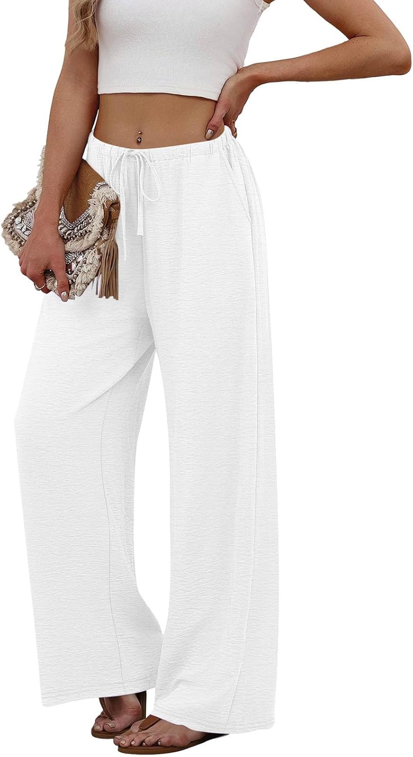 Women's Wide Leg Linen Pants Flowy Palazzo Drawstring Elastic Waist Summer Business Casual Beach Vacation Clothes - Image 2