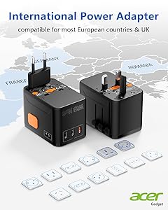 Acer 45W GaN Universal Travel Plug Adapter - International Power Adapter with 3 USB C & 1 USB A, Worldwide Power Outlet Travel Essentials for USA to European UK AUS Ireland, Type C/G/I/A, Black