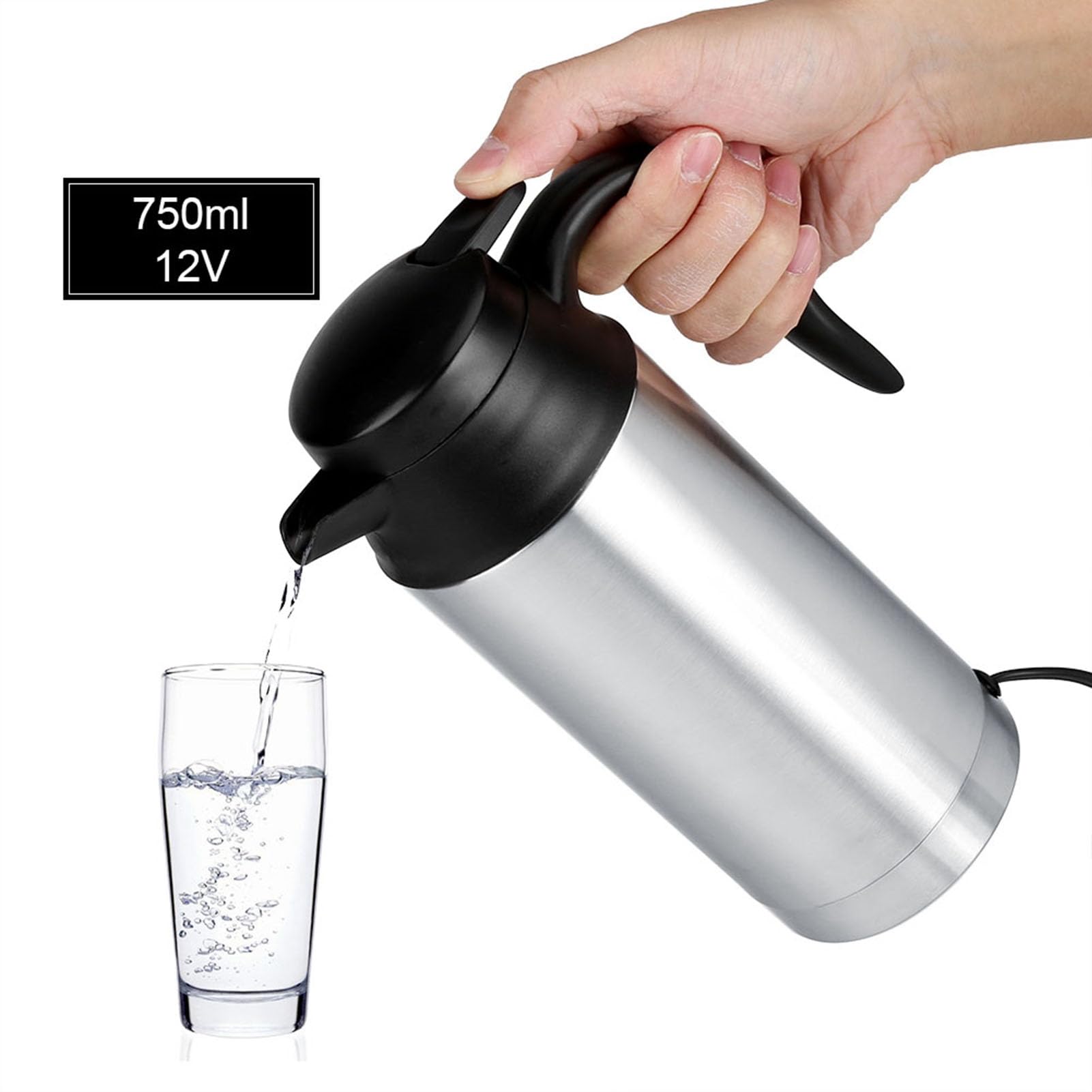 Generic Hervidor Eléctrico de Acero Inoxidable para Coche, 12V, 750ml, Taza Calefactora, Taza de café, Botella de Agua con Tapa Sellada, Segura y Duradera para Viajes, Ideal para Agua Caliente, té,