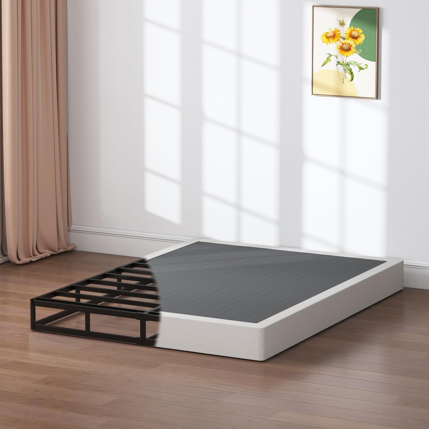 SHLAND Queen-Size-Boxspringbett, 17,8 cm, niedriges Profil, 1360 kg, schwarz, robuste Metallmatratzenfundament mit leicht zu reinigendem Stoffbezug, einfache Montage