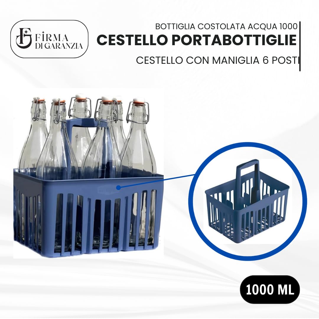 SET 6 PZ BOTTIGLIE VETRO 1 LITRO PER ACQUA VINO LIMONCELLO LIQUORE DRINK CON PORTABOTTIGLIE IN PLASTICA - BOTTIGLIE ACQUA IN VETRO 1 L CON CESTELLO PORTABOTTIGLIE PLASTICA BLU COBALTO