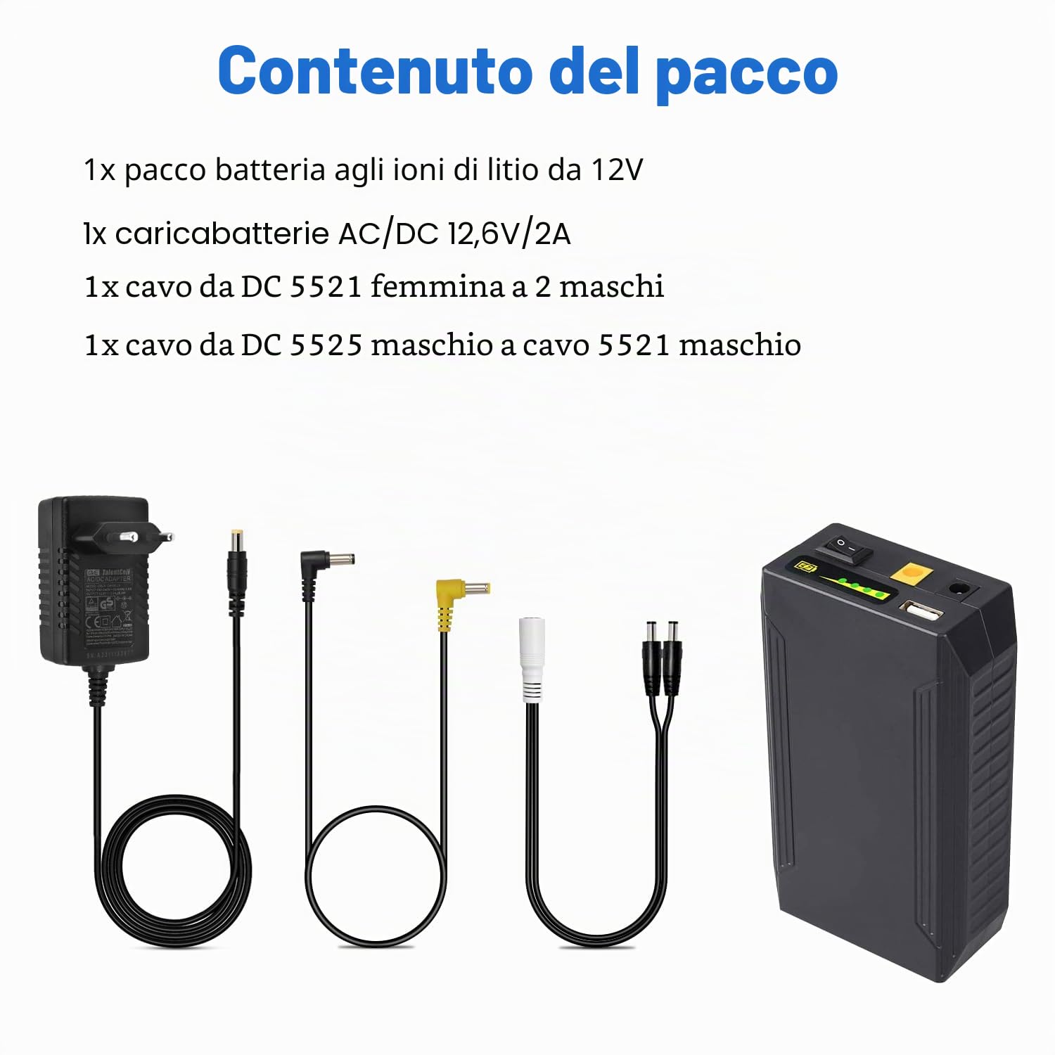 TalentCell Batteria al litio ricaricabile, 12 V/8300 mAh, 9 V/11000 mAh, 5 V/20000 mAh, uscita DC, batteria agli ioni di litio con caricatore per strisce LED, luce a nastro, telecamera CCTV e altro