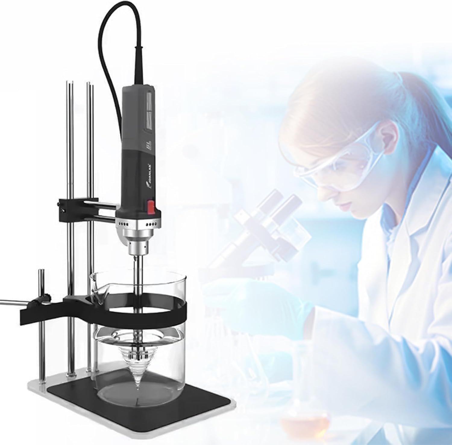 Lab Handheld Homogenizer, High Speed Disperser Emulsifier Mixer, 6 Speed Level from 9,000 to 30,000RPM, with 316 Stainless Steel Probe, for 150-10000ML Sample (25mm)
