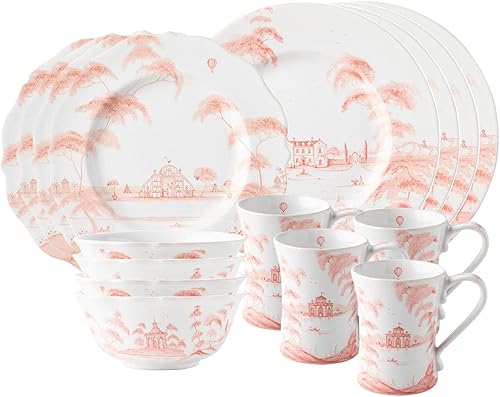 Juliska - Juego de 16 piezas de Country Estate - Rosa pétalo, vajilla - Platos de cena, platos de ensalada, cuencos y tazas