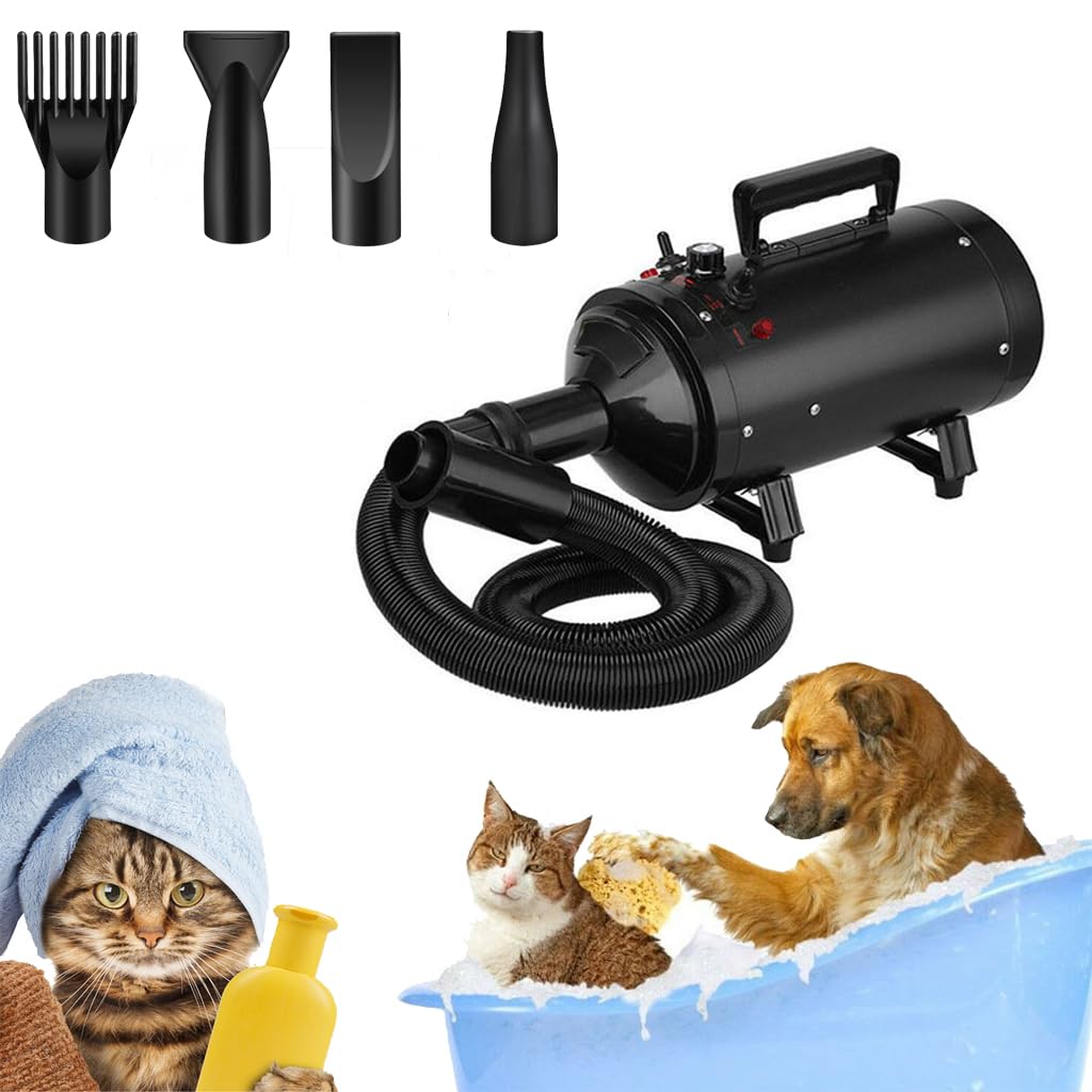 Sèche-cheveux pour chien 2800 W avec 4 buses, vitesse et température réglables, silencieux pour un usage domestique et professionnel