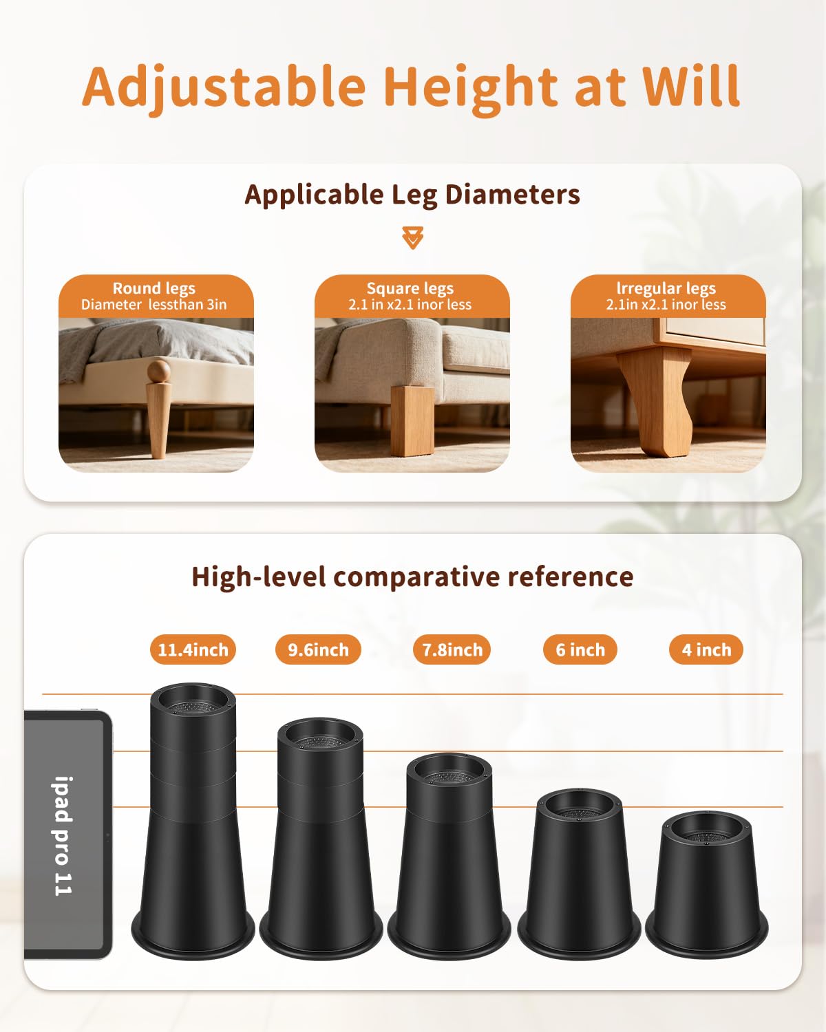 Elevadores de cama resistentes de 9.6 pulgadas, elevadores redondos ajustables para camas, sofás, mesas y escritorios (negro, paquete de 4)