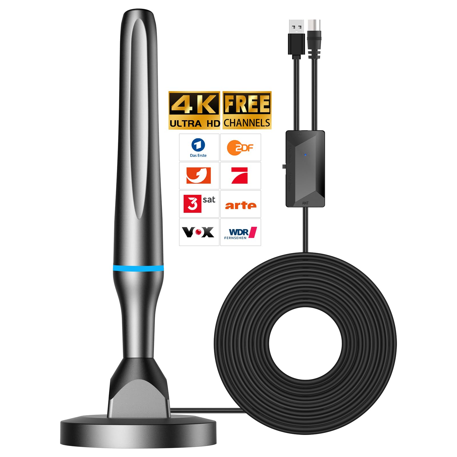 Antena DVBT2, antena DVB-T y DVB-T2 con amplificador, gran alcance y recepción de 360°, antena interior para televisores con base magnética fuerte, adecuada para 4K 1080p y todos los televisores
