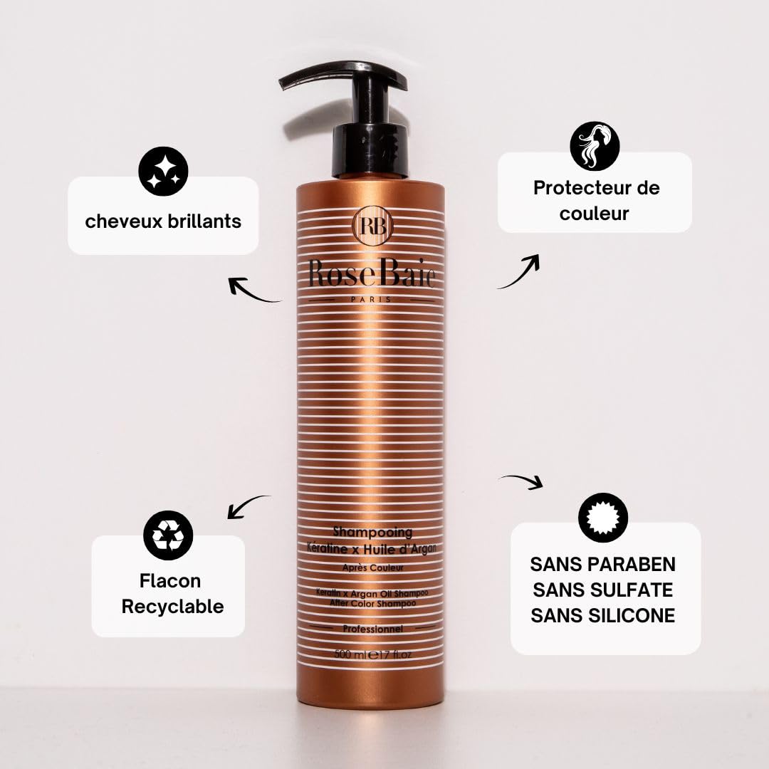 ROSEBAIE | Routine Solaire Argan & Kératine | Cheveux Colorés | Élimine Sable Chlore Sel | Protecteur Solaire | Shampoing 500ml | Masque 500ml | Spray Leave-In Sans Rinçage 200ml