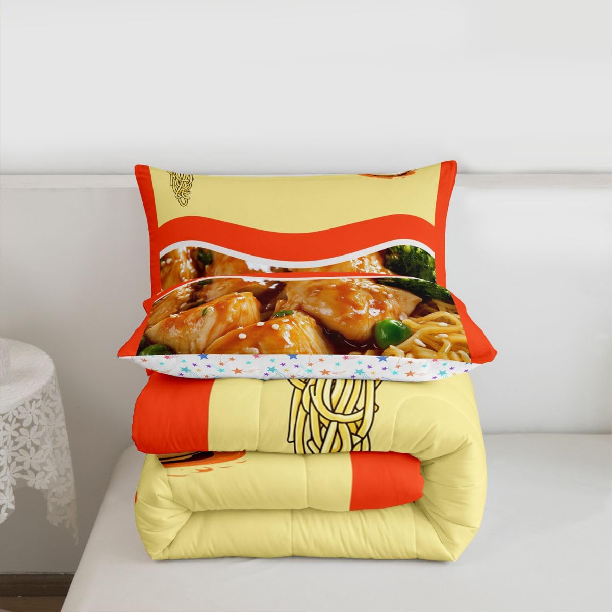 Feelyou Japanisches Ramen-Bettwäsche-Set, Queen-Size-Größe, gezogene Nudeln, für Kinder, Jungen, Mädchen, Dekoration, Schweinefleisch-Nudeln, Tröster, Mikrofaser, niedliches Bettbezug-Set