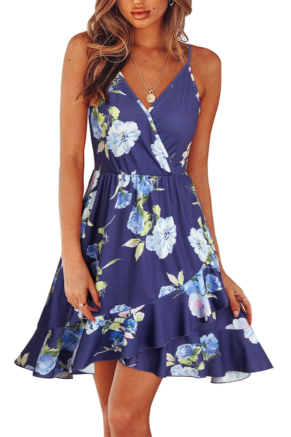 ULTRANICE Damen Sommerkleider Blumenmuster Kleid V-Ausschnitt Strandkleid Verstellbaren Spaghettiträger Rüschen Kleider