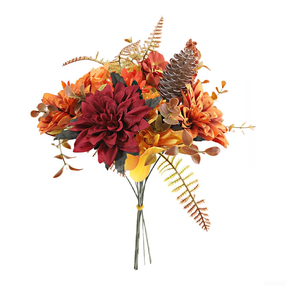 Künstlicher Chrysanthemen Strauß Saison - Seidenblumen für deko mit Eukalyptus für Vase Tischdeko Wohnzimmer 42cm(E)