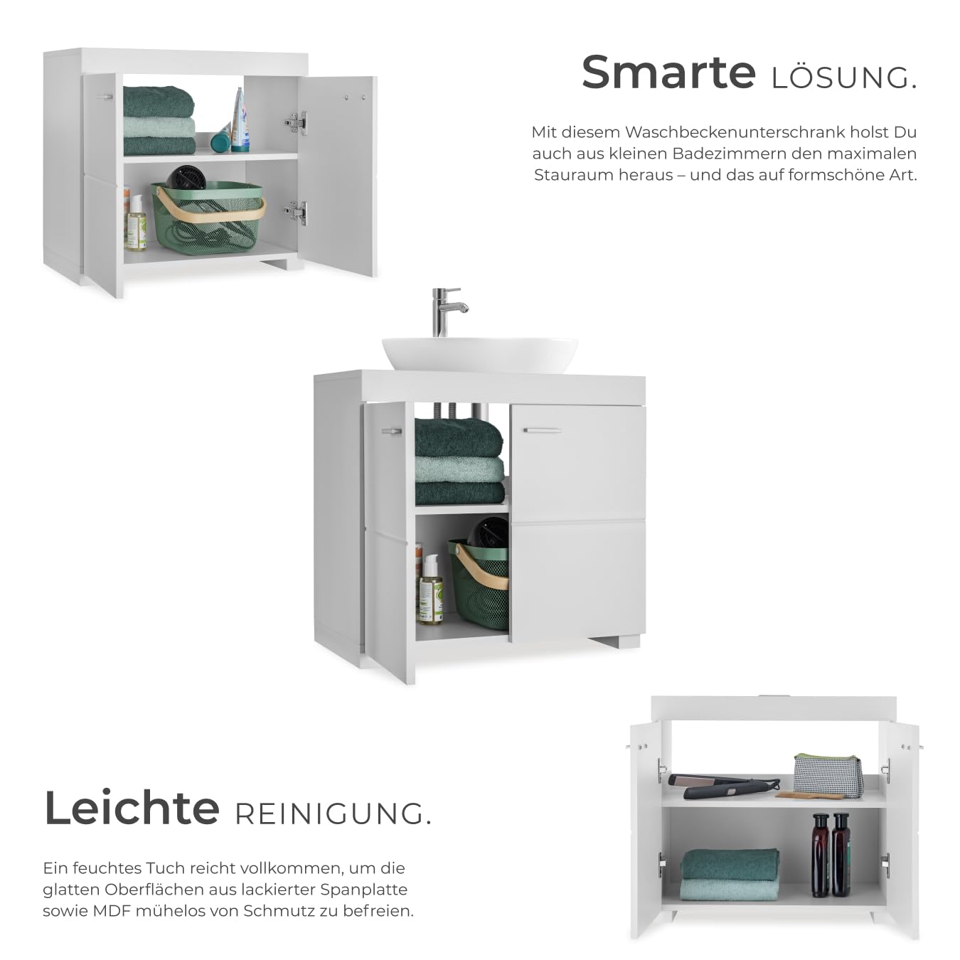 tectake® Waschbeckenunterschrank, Waschtisch Unterschrank, Badschrank für unter Waschbecken, Spüle, Schrank Möbel Badunterschrank, Waschtischunterschrank für Badezimmer & WC, Badmöbel - weiß