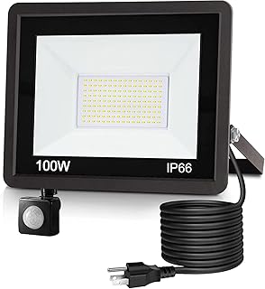 TechSense 100W LED Security Lights Outdoor PIR Motion Sensor with Plug, 10000-11000 Lumens Super Bright, Ultra Thin, IP66 Water-Resistant Flood Light for Garden, Patio, Backyard, Rooftop and More
