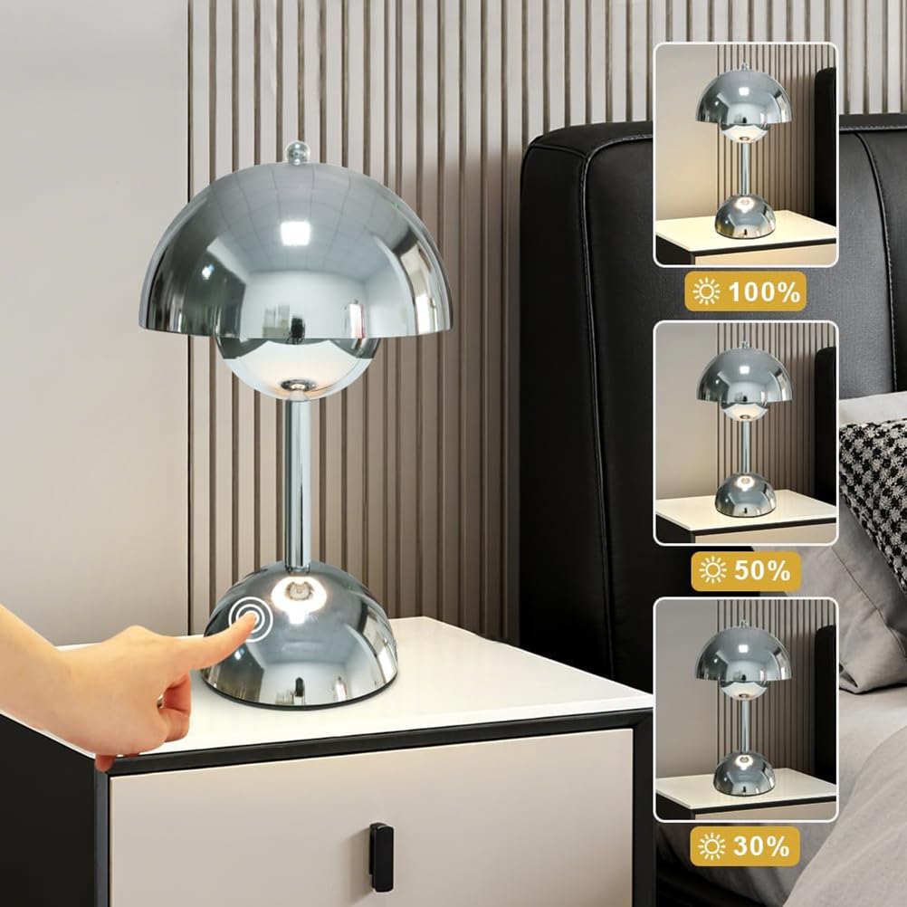 AoLa Lampada da tavolo fungo ricaricabile argento, lampada da tavolo senza fili dimmerabile con controllo touch ricaricabile tramite USB batteria 1200mAh lampada da comodino lampada a fungo