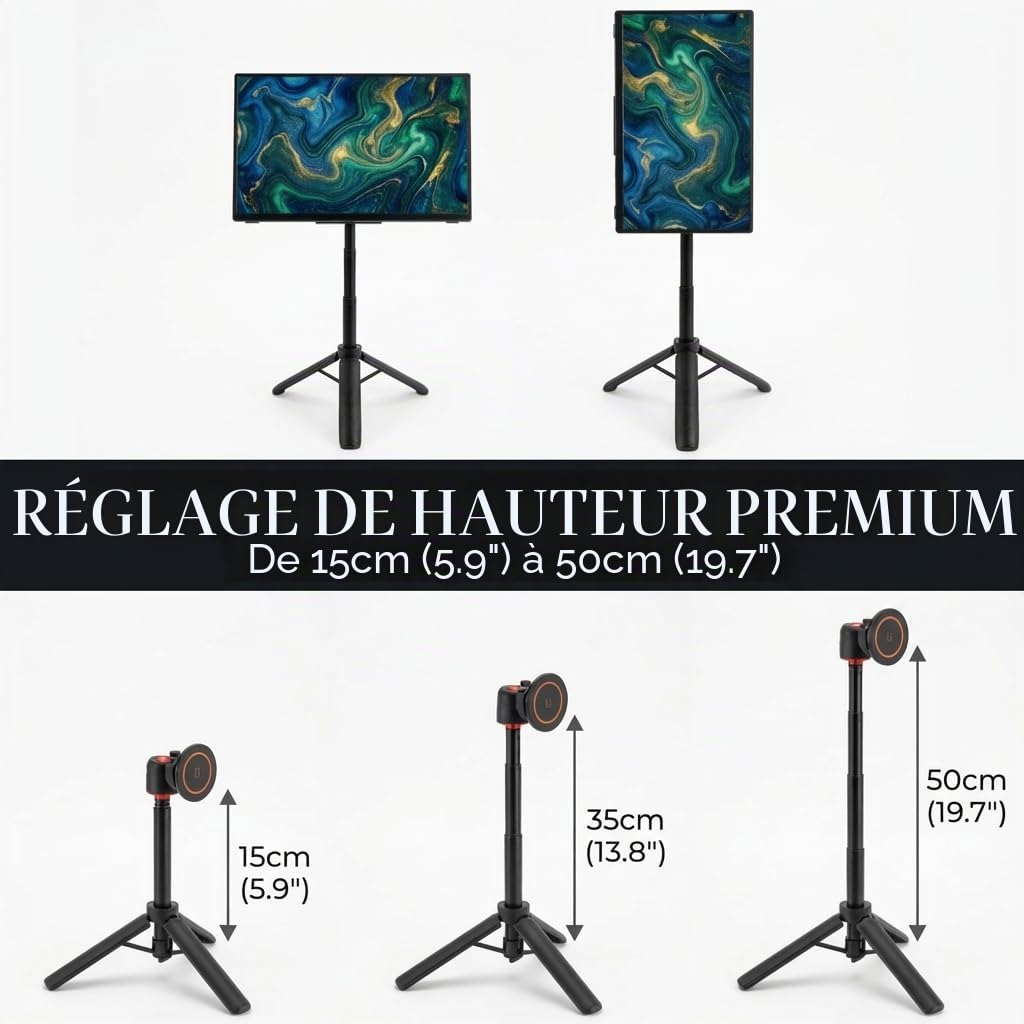 Support portable pour moniteur de voyage, réglable en hauteur, support magnétique empilé pour moniteur portable de 15,6 pouces, trépied métallique pliable compatible avec les moniteurs et