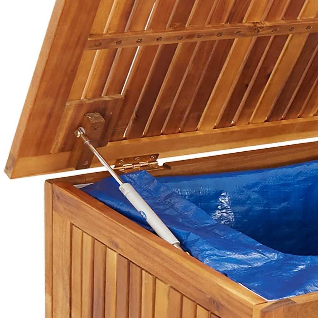 Coffre de jardin en bois d'acacia massif 150 x 50 x 58 cm avec roulettes et sac intérieur imperméable, boîte de rangement résistante aux intempéries pour coussins de jardin, coussins, jouets