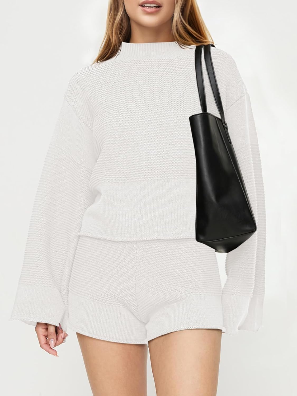 Tankaneo Womens 2 Piece Short Sets Bell Sleeve Mock Neck Oversized Sweater and Shorts Fall Sweater Sets Lounge Matching Set - Image 5