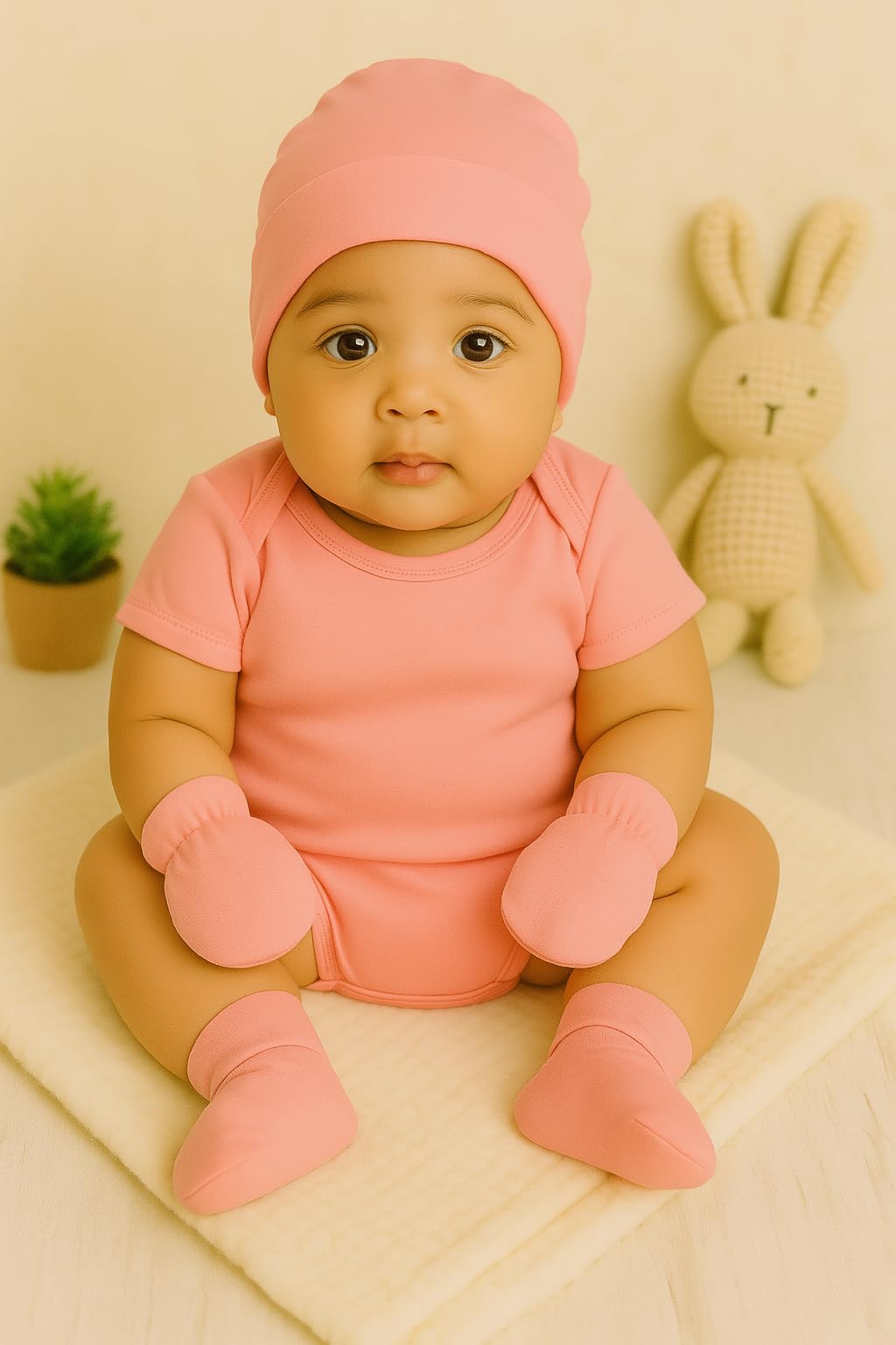 MOM'S HOME Organic Cotton Baby Onesies Gift Set | Rompers, Cap, Booties, Mittens Set/Newborn Essentials | Pack Of 4 | (3-6 Months, Peach)