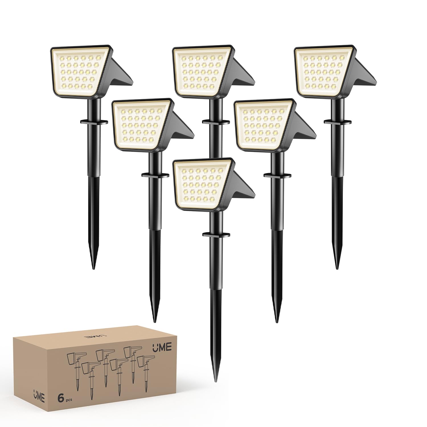 UME Batteria agli ioni di litio nell'apparecchiatura Set di 6 Faretti Lampade Solari Esterni Impermeabile 28 LED 3000K, Illuminazione Paesaggistica per Giardino, Vialetto e Prato, Funzione Crepuscolo