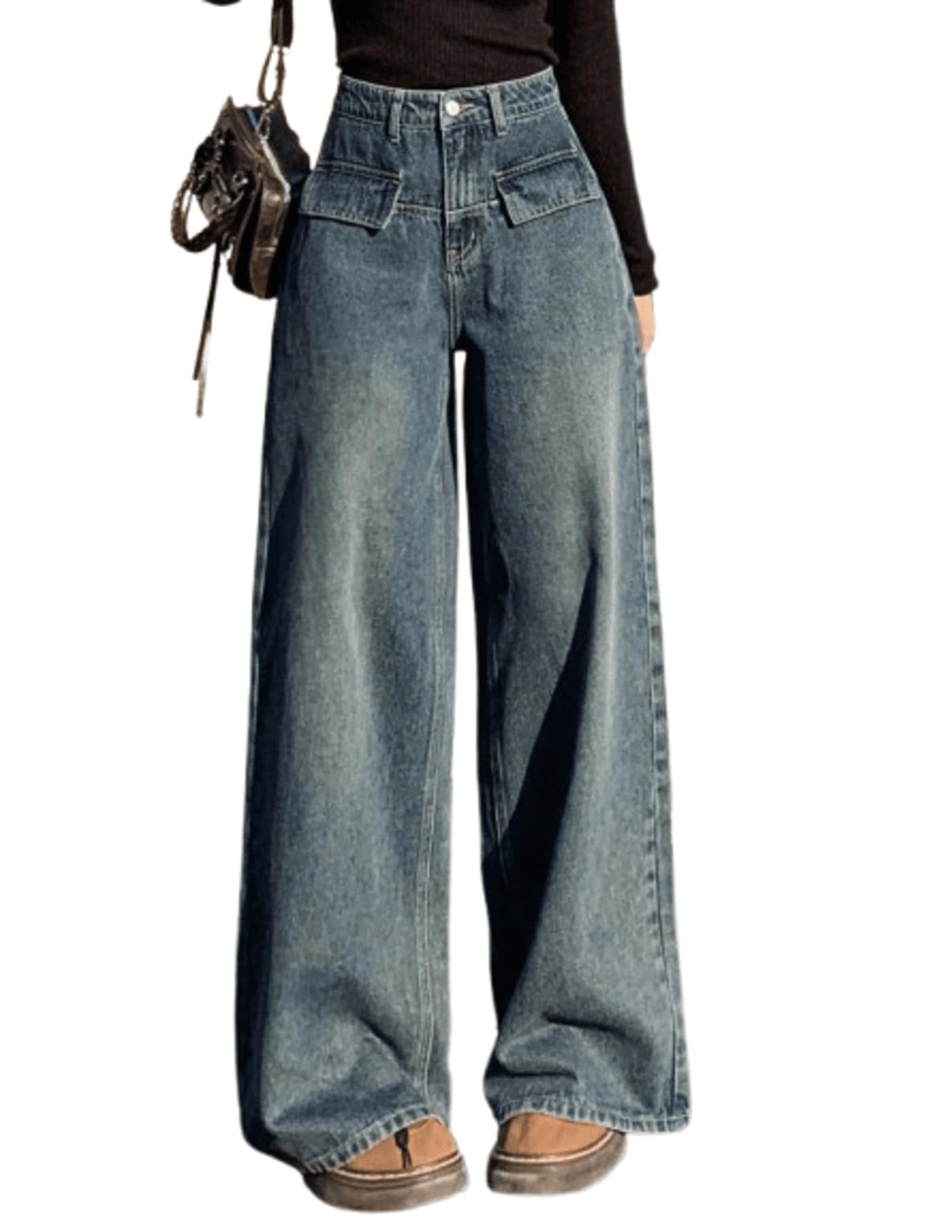 Solid Wide-Leg with Flap Detailing Korean Jeans for Women's & Girl's