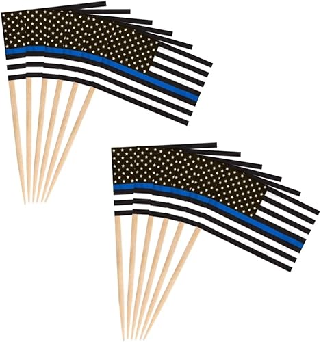 Miniatura 9 de JAVD 100 unidades de bandera de palillo de dientes de bomberos de línea roja delgada de EE. UU. para fiestas de día militar, eventos, suministros de