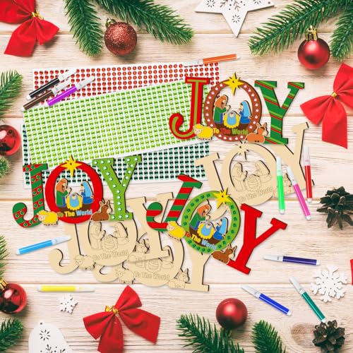 BeYumi Christmas Joy Wooden Crafts - 20Pcs DIY Wooden Joy to THE World Ornaments Craft Kit for Kids Make Your Own Nativity Decor Christian Religious Xmas Craft with Gem Sticker Church Party Supplies - image 4