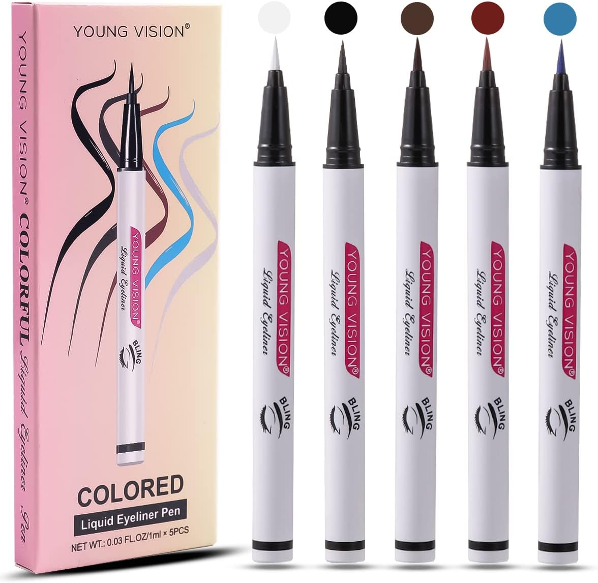 YOUNG VISION Liquid Eyeliner Pens 5pcs Set, Black/White/Brown/Red/Blue, 5 Nude&Matte Colors Eye Liners Set for Women, Smudge Proof Colored Waterline Eyeliner