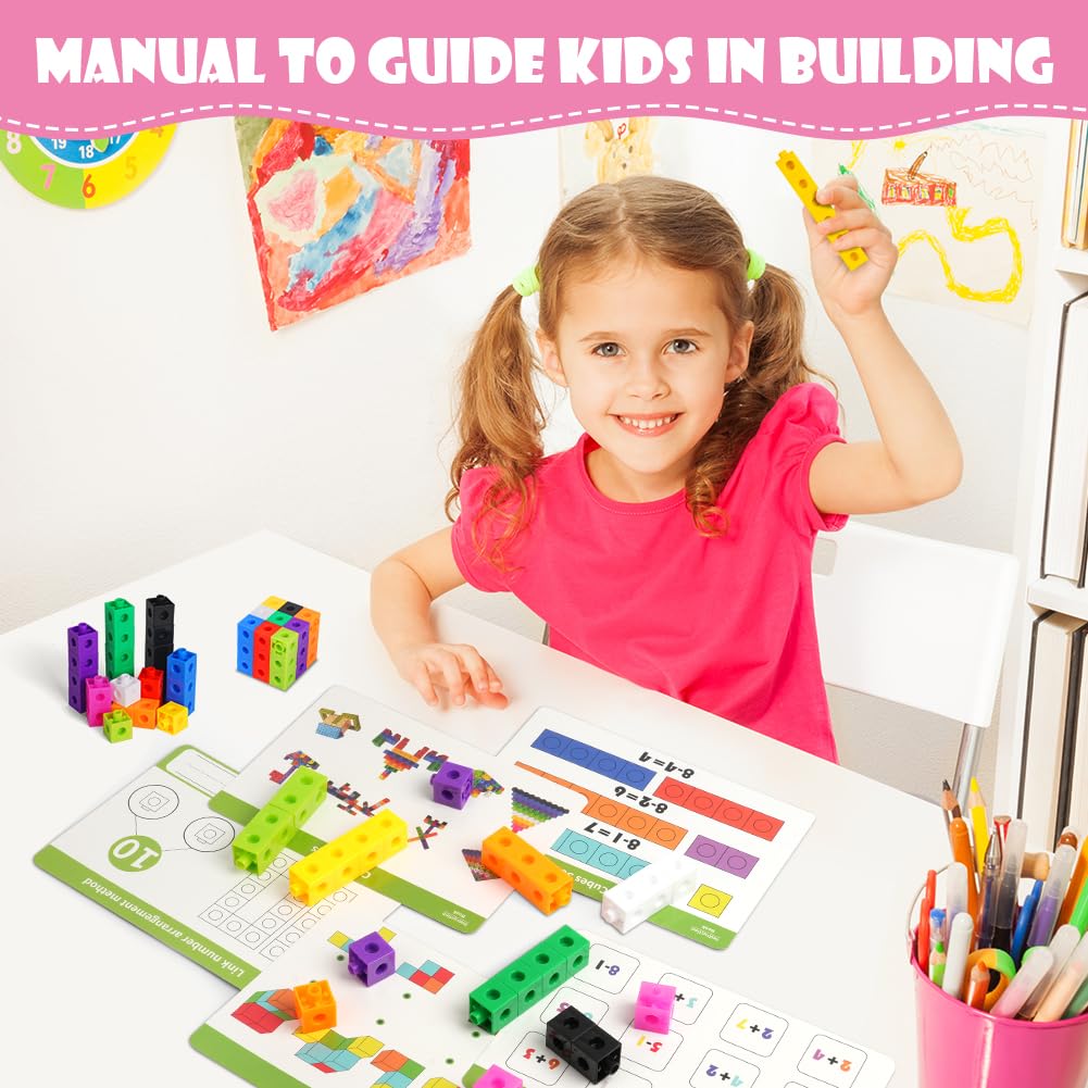 HOTUT Set di Attività per Cubi, 100 Pezzi Cubi da Incastrare, Cubi Gioco Bambini con 18 Carte Attività, Giochi Didattici di Matematica per Bambini, Cubi per Lo Sviluppo Delle Capacità Matematiche