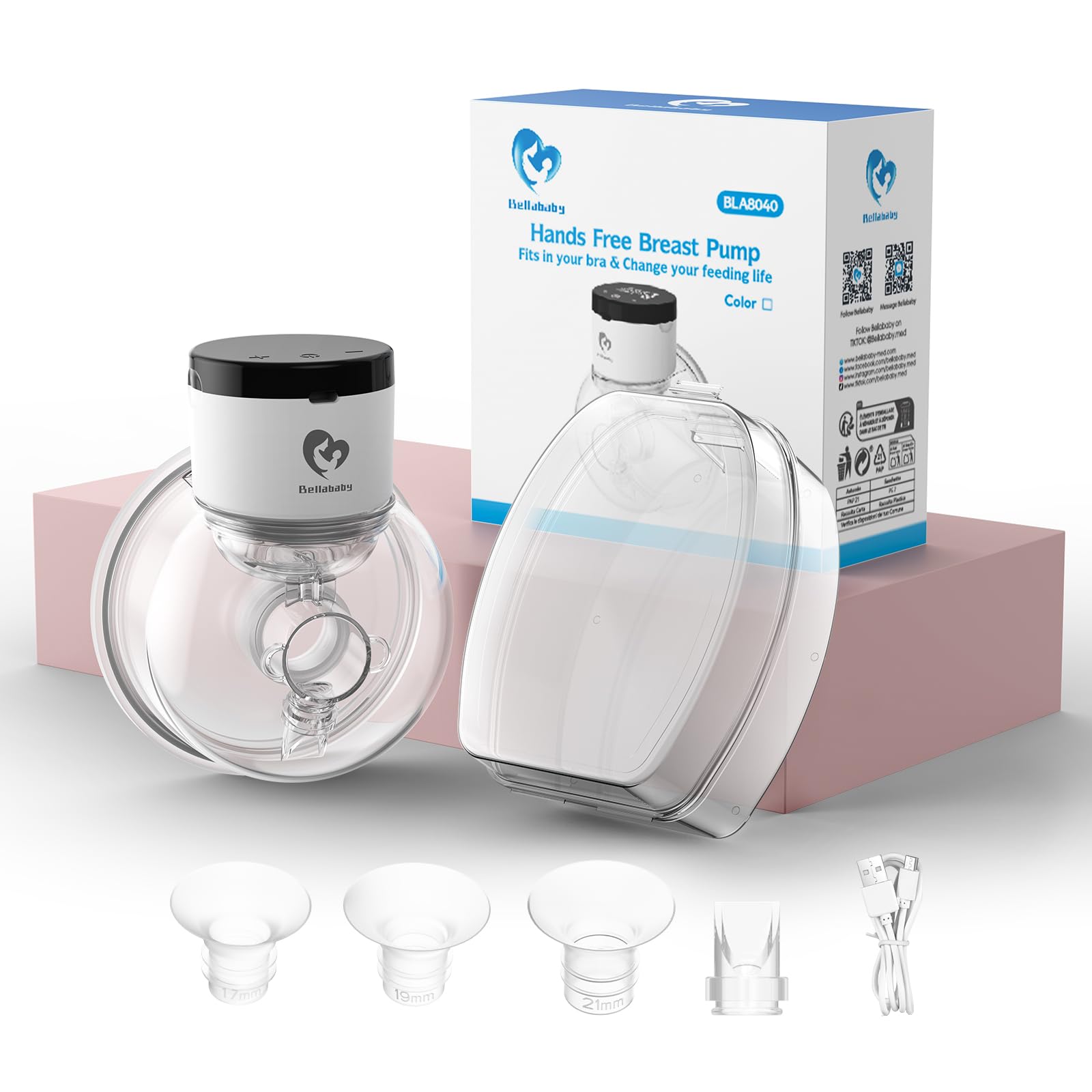Bellababy Tiralatte Elettrico Indossabile Mani Libere, Display LCD Touchscreen, 4 Modalità e 9 Livelli, Flange da 24 mm, Inserto da 17mm, 19mm e 21mm,1 Pezzo