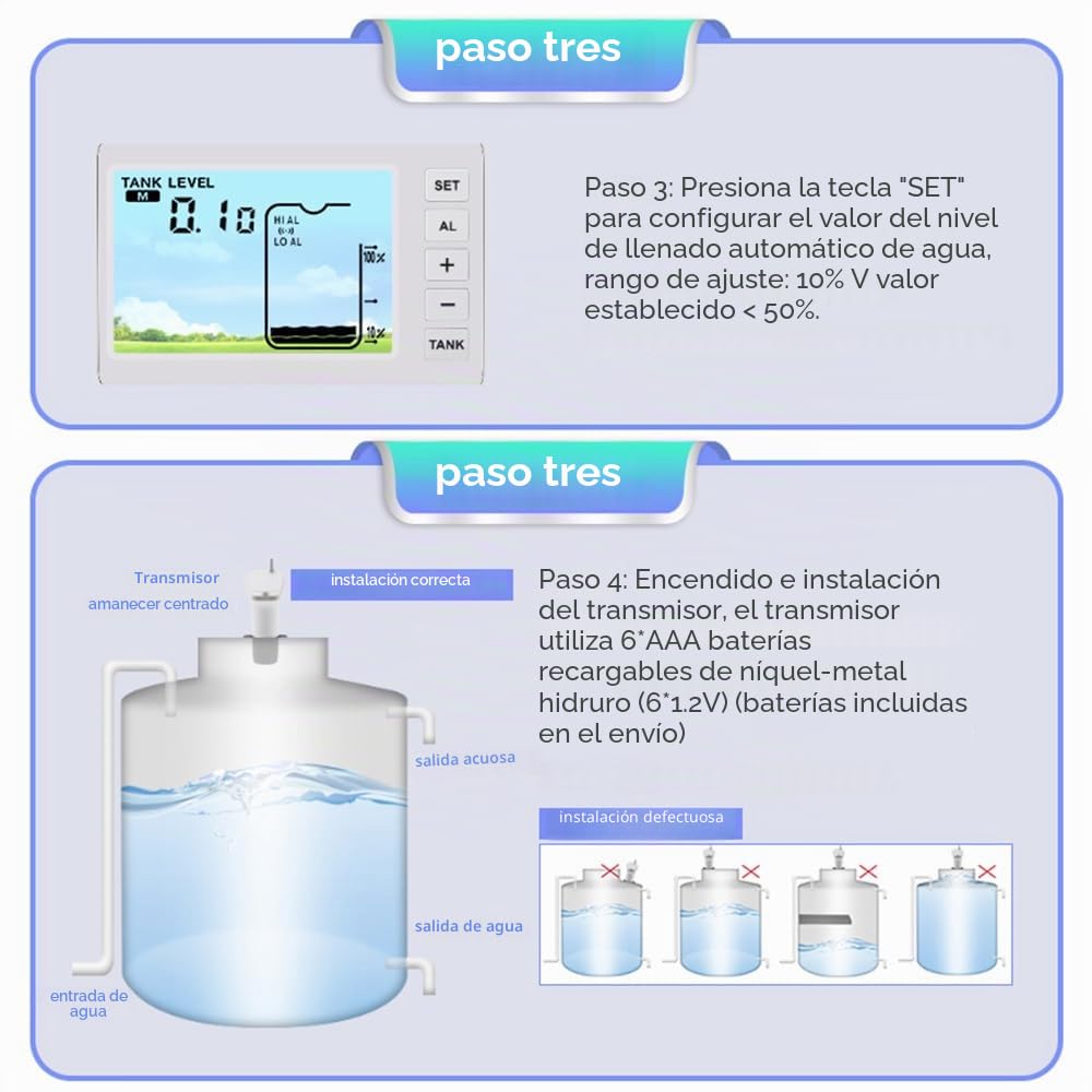 Indicador de nivel ultrasónico inalámbrico para tanques de agua con sensor de temperatura e indicador de tiempo