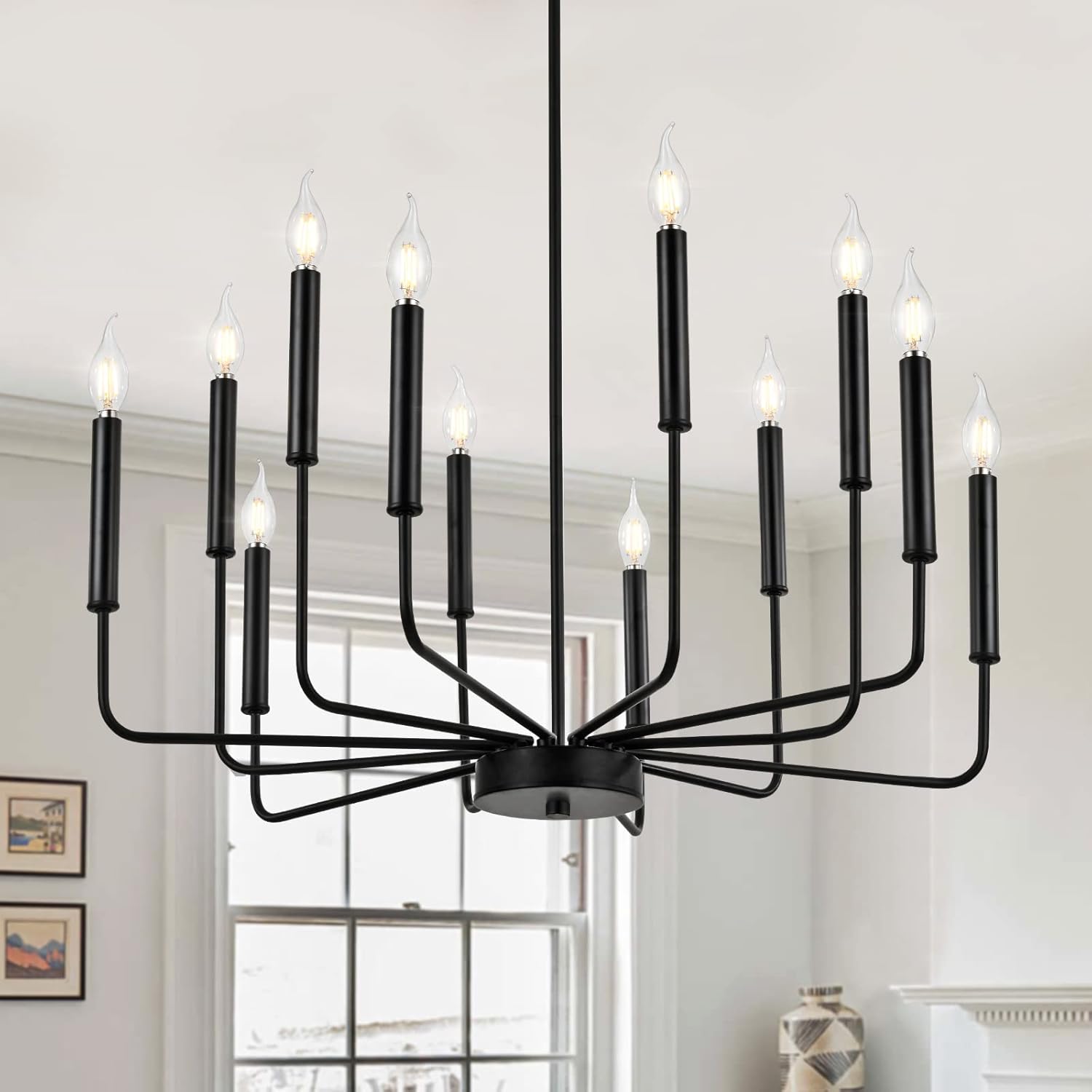 WOKNOS Modern Black Farmhouse Chandeliers, 12-Light Industrial Metal Chandelier Lighting, Classic Candle Hanging Pendant Light Fixtures for Kitchen,Dining Room, Living Room, Entryway UL Listed Black 12-Light