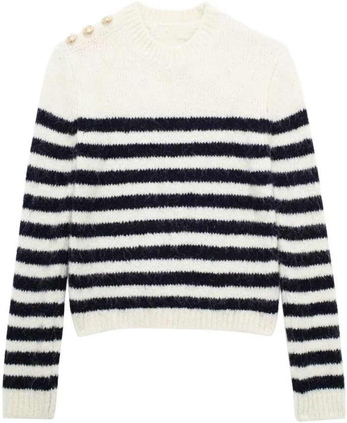 Women's Striped Crew Neck Gold Button Trim Long Sleeve Knit Top