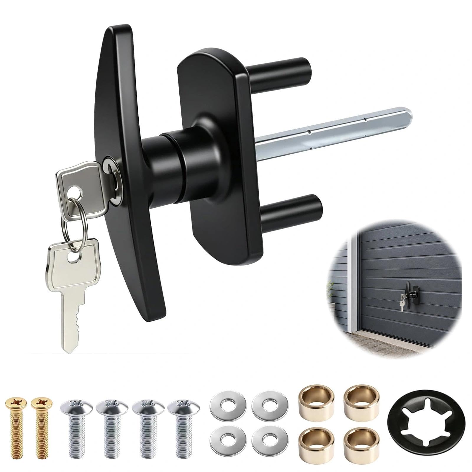 Garage Door Lock Set, Shed Door Lock, T Handle Lock with 2 Keys, Up and Over Handle Replacement, for Roller Shutter Parking Gate Patio Front Doors, Black