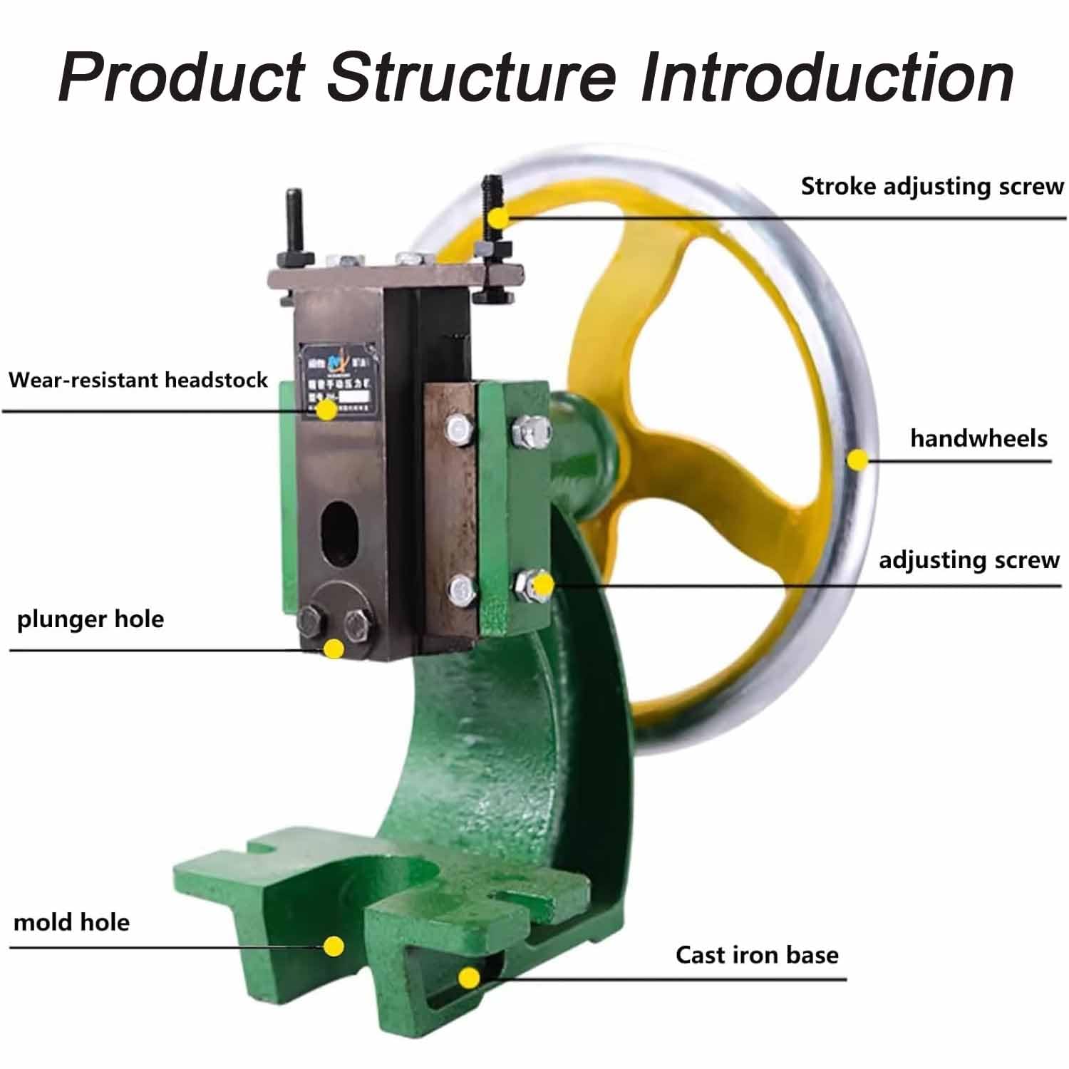 Prensa de eje resistente, prensa manual industrial con volante de mano de gran tamaño, altura ajustable para estampado y forma, diseño plano
