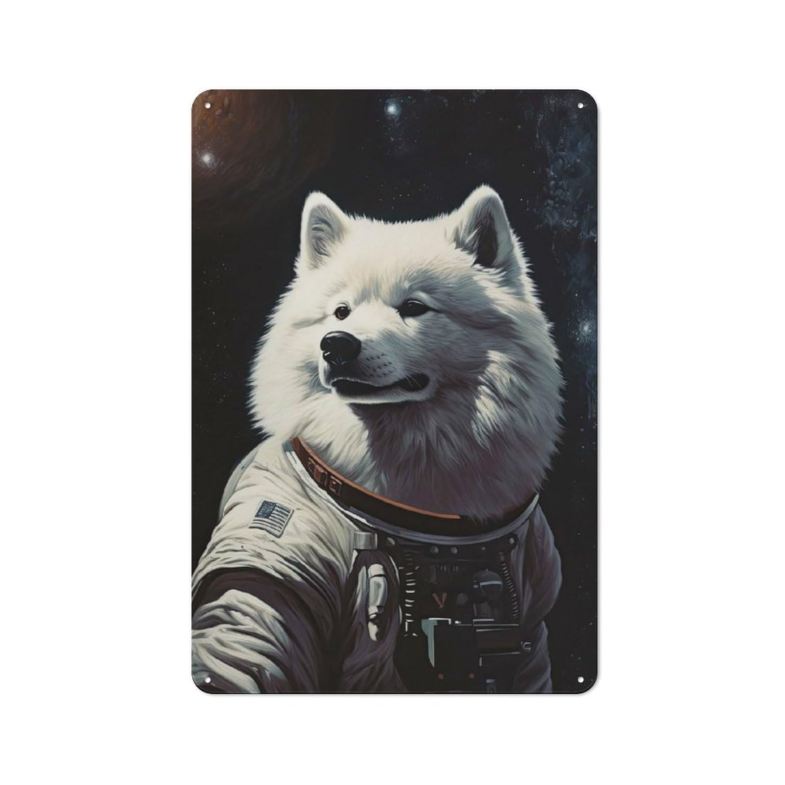 Junmoney Style-24 Samoyed Dog The Astronaut Metal Sign 30X20cm, Vintage Bar Wall Plaque For Diner, Restaurant, Shed Or Kitchen
