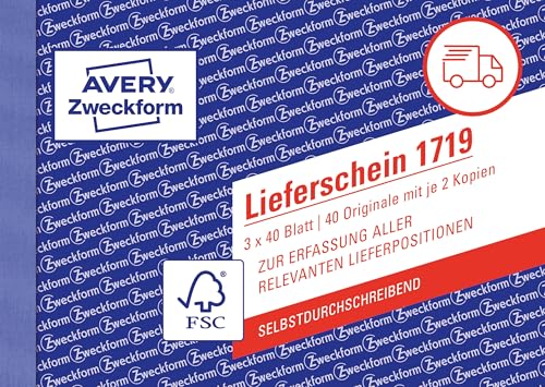 AVERY Zweckform 1719 Lieferschein speziell für Österreich (A6 quer 3x40 Blatt selbstdurchschreibend mit farbigen Durchschlägen zur Erfassung aller relevanten Lieferpositionen) weiß/gelb/rosa